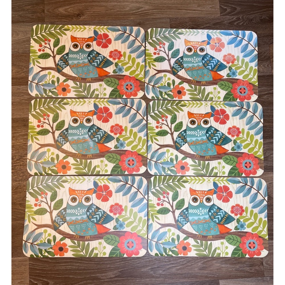 Vintage Y2K Conimar Woodland Owl Reversible Placemats Set/6 Microban Made in USA